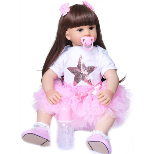 Pinky Reborn Pinky Lovely 24 inch 61cm Reborn Baby Girl Dolls Realistic Life Like Newborn Baby Doll Vinyl Silicone Long Hair Babies Toy Gift