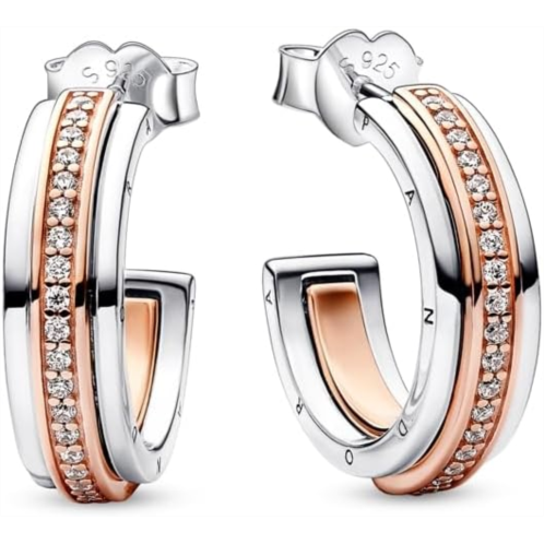 PANDORA Signature Two-tone Logo & Pave Hoop Earrings - Sterling Silver & 14k Rose Gold-Plated Hoop Earrings with Cubic Zirconia for Women - Gift for Her - With Gift Box