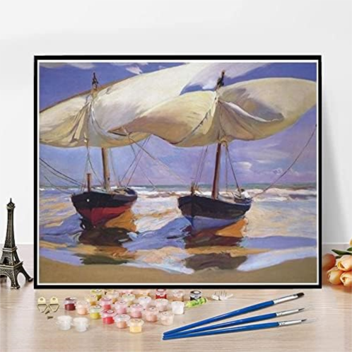 Hhydzq DIY Oil Painting Kit,Beached Boats Painting by Joaquin Sorolla Arts Craft for Home Wall Decor