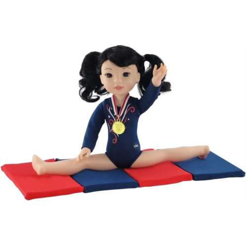 Emily Rose 14 Inch Doll Clothes - 3 PC USA Gymnastics Leotard Sports Uniform with Tumbling Mat and Gold Medal Accessories! Compatible with 14 Wellie Wishers Dolls