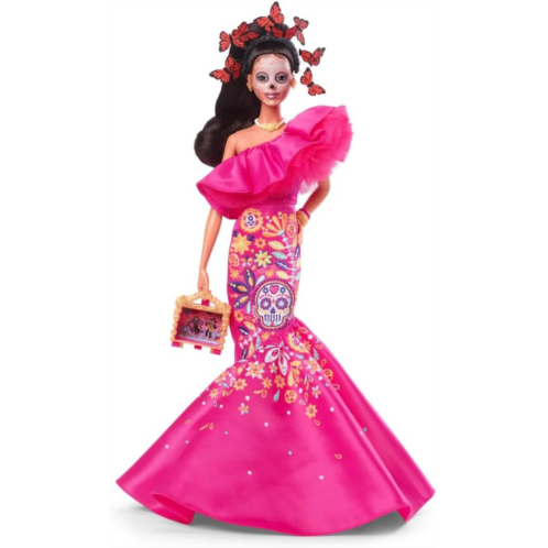 Barbie Signature Doll, 2023 Dia de Muertos Collectible Wearing Ruffled Pink Gown, Holding Tiny Ofrenda, Doll Stand
