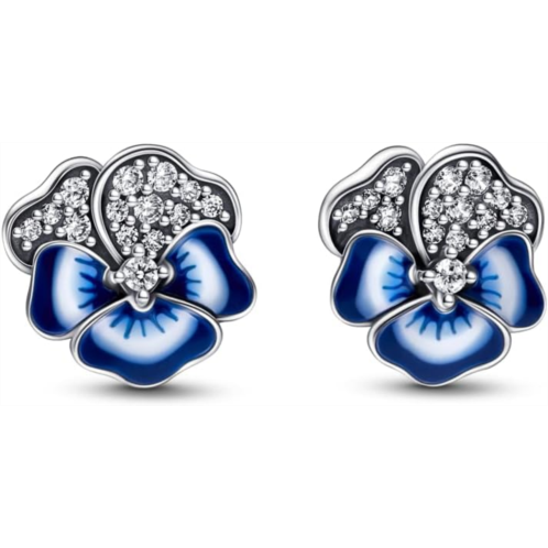 PANDORA Blue Pansy Flower Stud Earrings - Elegant Earrings for Women - Great Gift for Her - Made with Sterling Silver, Cubic Zirconia & Enamel