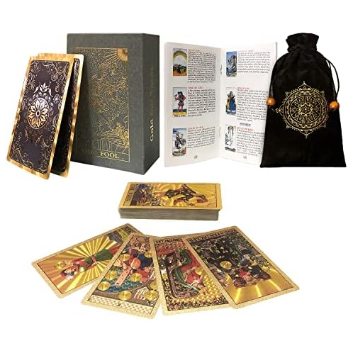 Abtrino 78 Tarot Cards with Guidebook, PVC Waterproof Anti-Wrinkle Luxury Gold Foil Classic Tarot Cards Deck with Exquisite Box, Velvet Carry Bag for Beginners and Experts - Bloom