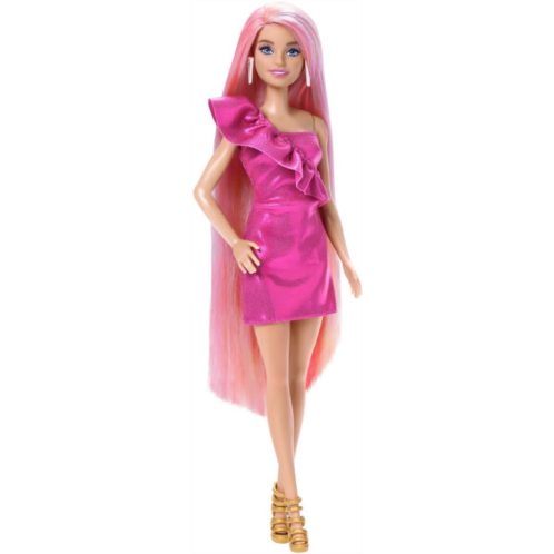 Barbie Doll, Fun & Fancy Hair with Extra-Long Colorful Blonde Hair and Glossy Pink Dress, 10 Hair and Fashion Play Accessories