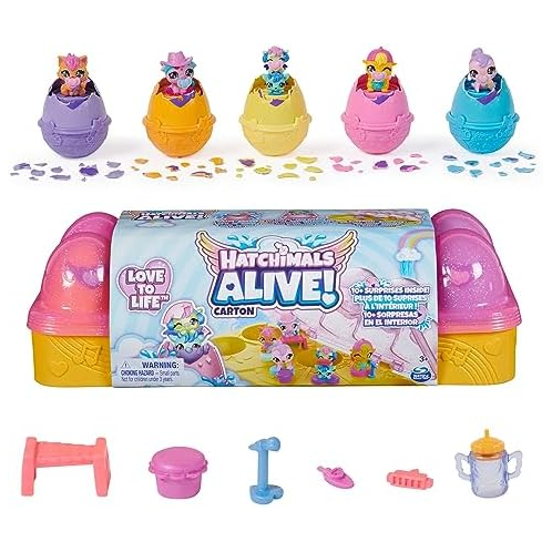 Hatchimals Alive, Pink & Yellow Easter Eggs Carton with 6 Mini Figures in Self-Hatching Eggs & 11 Accessories, Easter Basket Stuffers for Ages 3+