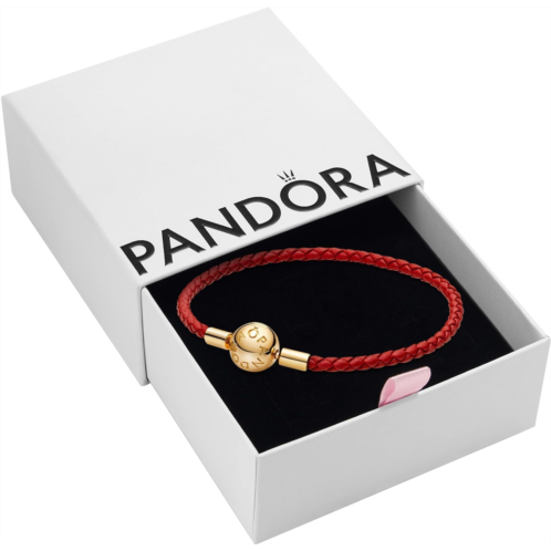 Pandora Moments Woven Leather Bracelet with 18k Gold-Plated Clasp - Compatible Moments Charms - Charm Bracelet for Women - Features Shine & Leather - Gift for Her - Red, With Gift