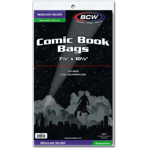 BCW Resealable Silver/Regular Comic Book Bags, Clear 2-mil Polypropylene 7-1/8 x 10-1/2 100-Count, Holds Silver Age Comics