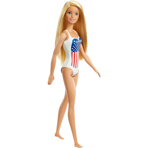 Barbie Beach Blonde Doll in White One-Piece Swimsuit with American Flag Inspired Pattern Kids Toy GPB17