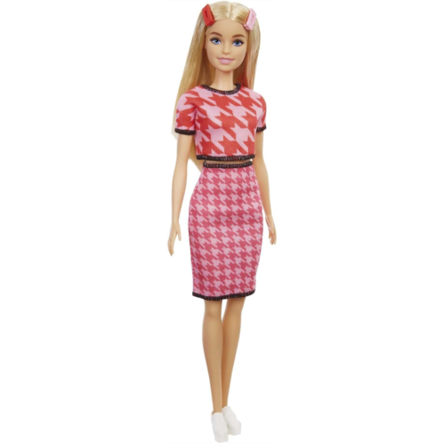 Barbie Fashionistas Doll with Long Blonde Hair & Houndstooth Crop Top & Skirt, Platform Shoes & 2 Barrettes, Toy for Kids 3 to 8 Years Old