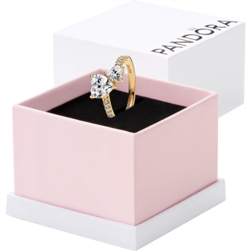 Pandora Double Heart Sparkling Ring - Shining Gold Ring for Women - Gift for Her - Love Ring for Women - 14k Gold with Clear Cubic Zirconia - With Gift Box