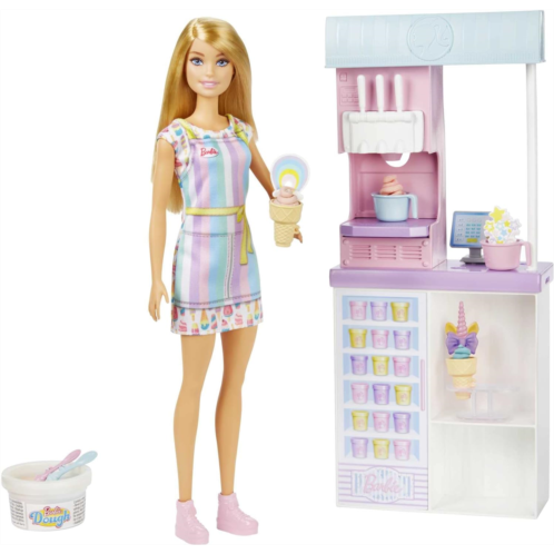 Barbie Ice Cream Shop Playset with 12 in Blonde Doll, Ice Cream Making Feature, 2 Dough Containers, 2 Bowls, 2 Cones, 3 Decorative Toppers, 2 Spoons & Register, Great For Ages 3 Ye