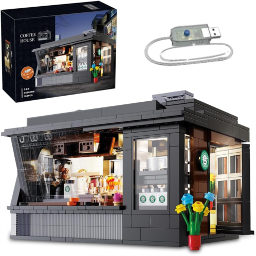 Build C66005W Coffee House City Building Kit, CADA 768 Pieces Street View Bricks with Lighting Sets, Building Toys for Adults and Teens, Compatible with Lego House (C66005W-classic