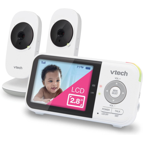 VTech VM819-2 Video Baby Monitor with 19-Hour Battery Life, 2 Cameras, 1000ft Long Range, Auto Night Vision, 2.8” Screen, 2-Way Audio Talk, Temperature Sensor, Power Saving Mode an