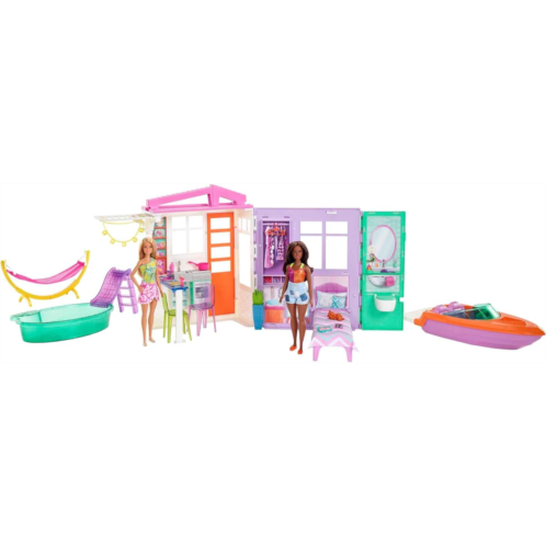 Barbie House Gift Set with 2 Fashionistas Dolls (11.5 in, Blonde & Curvy Brunette), Dollhouse, Boat, Pool & Hammock, Gift for 3 to 7 Year Olds