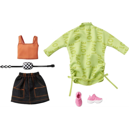 Barbie Fashions 2-Pack Clothing Set, 2 Outfits Doll Includes Green Sweatshirt Dress, Orange Sleeveless Top & Black Skirt & 2 Accessories, Gift for Kids 3 to 8 Years Old