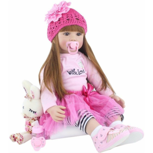 ICradle Angelbaby Adorable Reborn Toddler Doll Soft Body Real Life Long Hair Princess Hair, 24inch Handmade Silicone Reborn Baby Doll Sets and Doll Clothes (Pink -2006)