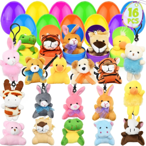 DINESIL 16 PCS Easter Eggs Filled with Mini Plush Animal Toys, Stuffed Animals Plush Keychain Set for Kids Easter Party Favors, Easter Basket Stuffers Fillers, Easter Egg Hunt, Easter Clas