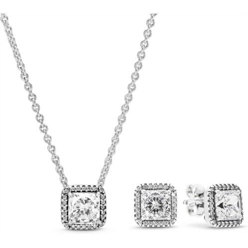 Pandora Square Sparkle Halo Necklace and Earrings Gift Set - Womens Sterling Silver Stud Earrings & Pendant Necklace, 45cm - Jewellery Set With Gift Box