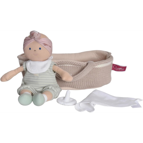 Tikiri Toys Knitted Carry Cot with Remi Baby Light Skin, Soother & Blanket