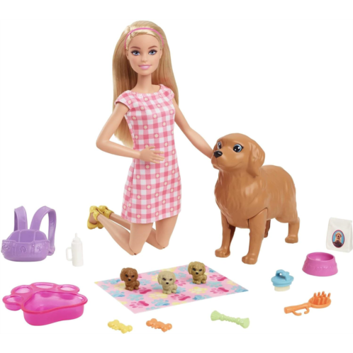 Barbie Doll and Pets, Blonde Doll with Mommy Dog, 3 Newborn Puppies with Color-Change Feature and Pet Accessories