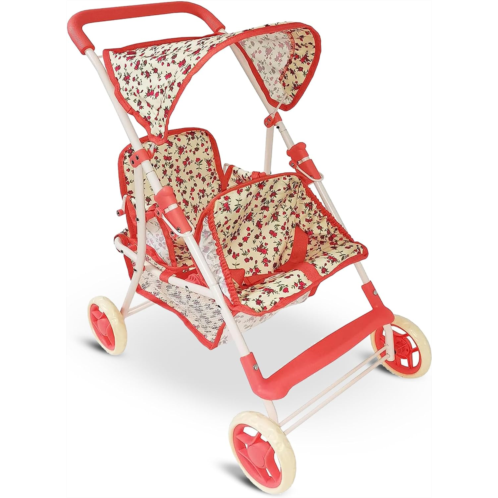 The New York Doll Collection Double Doll Stroller for Baby Dolls Twin Dolls Toy Doll Stroller for Toddlers, 4 Year Old, 5 Year Old Girls, 8 Year Old 25” Tandem Play Toy Stroller for Baby Dolls, Floral