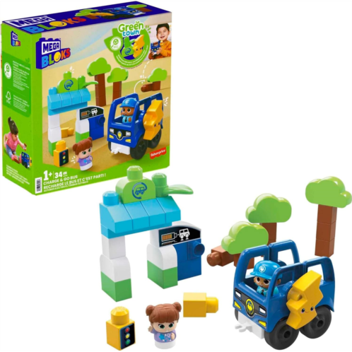 MEGA BLOKS Fisher Price Toddler Building Blocks, Green Town Charge & Go Bus with 34 Pieces, 2 Figures, Toy Gift Ideas for Kids