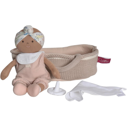 Tikiri Toys Knitted Carry Cot with Rheya Baby Dark Skin, Soother & Blanket