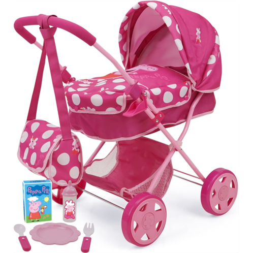 Peppa Pig: Baby Classic Doll Pram Set - Pink & White Dots - 7 Piece Set, Fits Dolls Up to 18, Retractable Canopy, Storage Basket, Diaper Bag & 5 Feeding Accessories, Pretend Play f