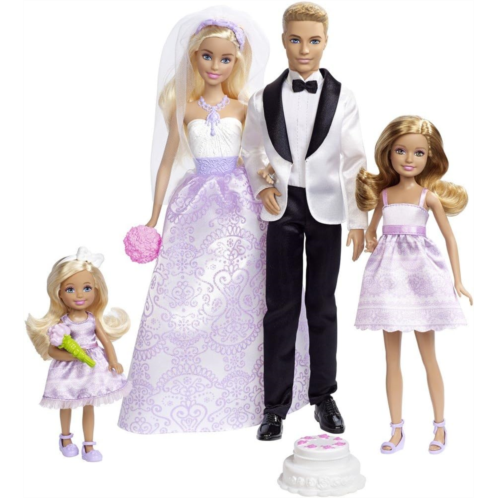 Barbie Wedding Set with Bride and Groom Dolls, Stacie, Chelsea and Accessories (Mattel DRJ88), Assorted Colour/Model