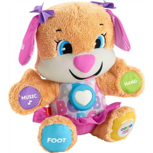 Fisher-Price Laugh & Learn Baby & Toddler Toy Smart Stages Sis With Pink Skirt and Purple Bows, Interactive Plush Dog with Music Lights & Learning Content for Ages 6+ Months