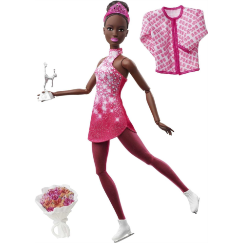 Barbie Winter Sports Ice Skater Brunette Doll (12 Inches) with Pink Dress, Jacket, Rose Bouquet & Trophy, Great Gift for Ages 3 and Up