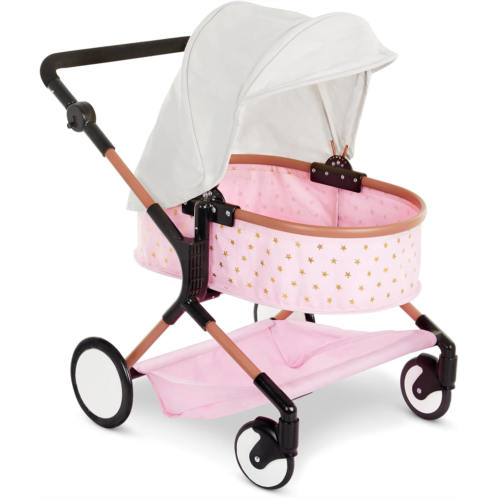 B. toys babi by Battat - Baby Doll Double Stroller Mini Gold Stars Foldable Canopy, Swivel Wheels, Basket Pink Carriage Fits Twin 14-inch Dolls Childrens Toys Kids Ages 2+ (BAB7630C1Z)