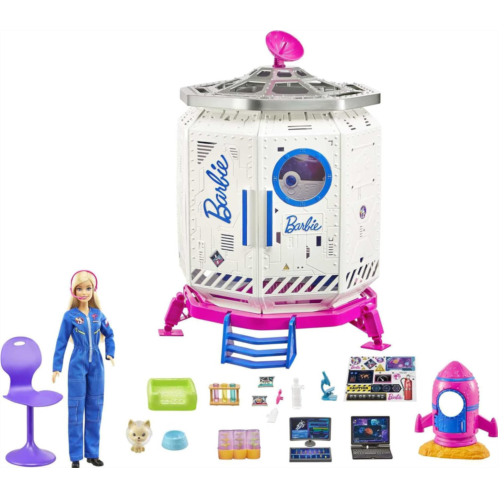 Barbie Space Discovery Space Station Playset with Space Explorer Doll, Puppy, Workstation, Satellite Space Scenes & 20 Space Station Items:Chair, Test Tubes, Microscope, Puppy Bed,