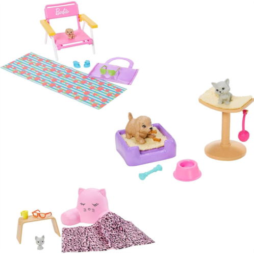 Barbie Accessory Pack Bundle with 3 Accessory Sets Themed to Lounging, Beach Day & Pet Playdate, with 4 Pets and 15 Accessories, Gift for 3 to 7 Year Olds