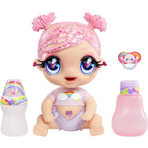 MGA Entertainment Glitter Babyz Dreamia Stardust Baby Doll with 3 Magical Color Changes, Glitter Pink Hair Rainbow Outfit, Diaper, Bottle, Pacifier Gift for Kids, Toy for Girls Boy