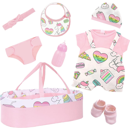 K.T. Fancy K.T Fancy 8 Pcs Creamy Pink Baby Doll Bassinet & Accessories fit 18-22 Inch Doll, Baby Doll Clothes Outfit and Bassinet with Unicorn and Rainbow Pattern