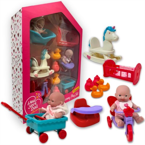 The New York Doll Collection Mini Baby Doll Set, Small Baby Doll Playset with Mini Doll Accessories & 5 inch Doll Furniture, Mini Dolls for Girls, Small Dolls for Girls, Mini Baby Dolls Toy Play Pack,