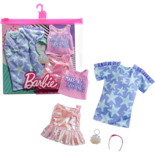 Barbie Fashions 2-Pack Clothing Set, 2 Outfits Doll Include Star-Print Dress, Pink Iridescent Skirt, Graphic Tank & 2 Accessories, Gift for Kids 3 to 8 Years Old