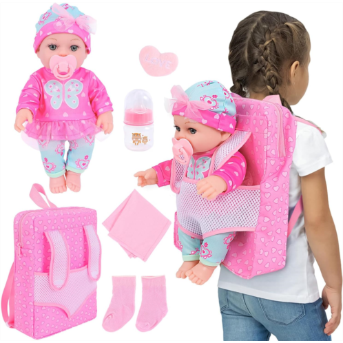 DONTNO 12 Inch Baby Doll with Clothes and Backpack Carrier,Reborn Baby Alive Doll with Bottles Nipple