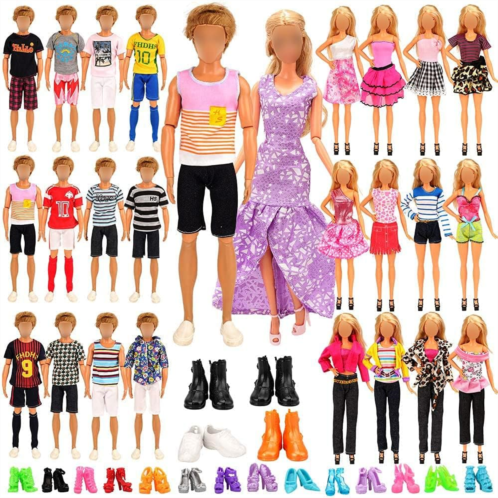 Miunana Lot 34 pcs Random Doll Clothes Shoes Set for 11.5 inch Doll, Includ 10 PCS Boy Doll Clothes + 5 Girl Clothes + 5 Girl Fashion Skirts + 4 Pairs for Boy Shoes + 10 Pairs of G