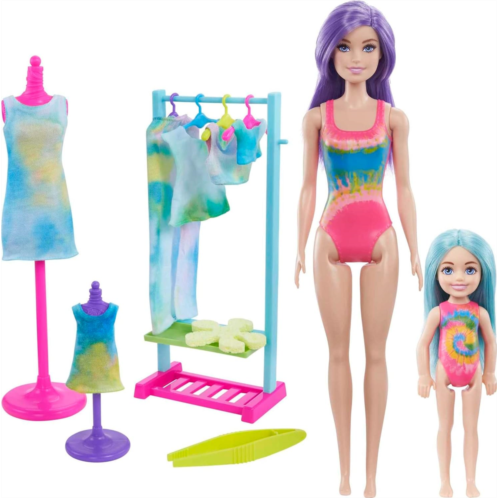 Barbie Color Reveal Set, Tie-Dye Fashion Maker, Color Reveal Barbie Doll, Chelsea Doll and Pet, Tie-Dye Tools and Dye-able Fashions