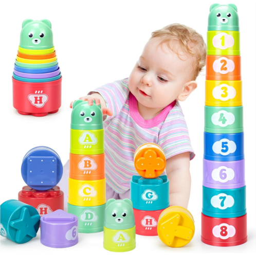 Ynanimery Stacking Cups Toys for Toddlers 1-3, Baby Toys Stacking Cups & Soft Blocks Teething Toys for Babies 6-12 Months Montessori Educational or Bath Fun, Stacking Cups