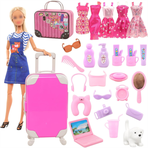 BARWA 32 Pcs Doll Suitcase Luggage Travel Clothes and Accessories for 11.5 inch Girl Doll Travel Carrier Storage, Including 1 Luggage 1 Suitcase 23 Travel toiletries 5 Dresses 1 Pu