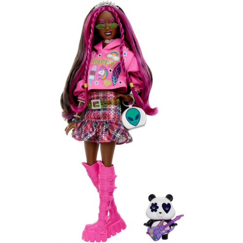 Barbie Doll with Pet Panda, Barbie Extra, Kids Toys, Clothes and Accessories, Pink-Streaked Brunette Hair, Graphic Hoodie and Plaid Skirt