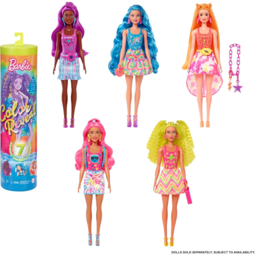 Barbie Color Reveal Doll & Accessories For 3 years and up Neon Tie-Dye Series, 7 Surprises, 1 Barbie Doll (Styles May Vary)