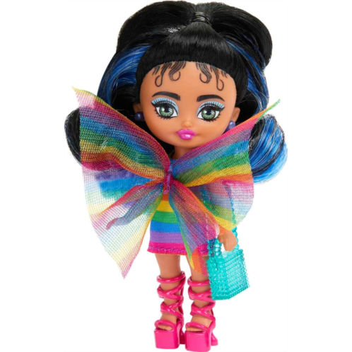 Barbie Extra Mini Minis with Blue-Streaked Black Ponytail Wearing Rainbow Dress & Accessories & Stand, 3.25-inch