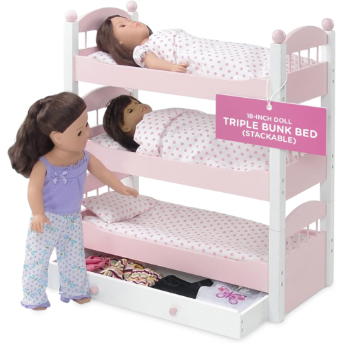 Emily Rose Doll Triple Bunk Bed, 18 Inch Doll Furniture Baby Doll 3 Single Stackable Beds, Wooden Doll Accessories Bunkbed 18-in Doll Bedding, Toy Playsets - Compatible with 18 Ame
