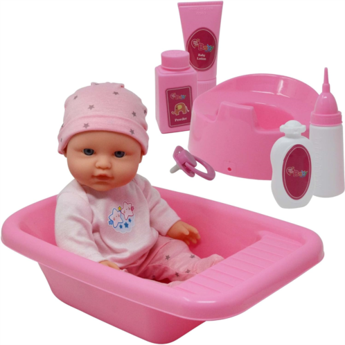 The New York Doll Collection Baby Doll Bath Set with Bathtub & Playtime Accessories ? Bath Time Playset for Kids, Girls, Toddler ? Gift Pack with 12” Doll, Tub, Pretend Pacifier, Plastic Potty & More 