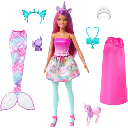 Barbie Dreamtopia Doll with Clothes & Accessories, Fairytale Dress-Up Set with Mermaid Tail, Baby Unicorn, Dragon Pet & More