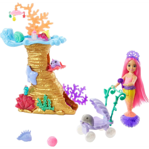 Barbie Mermaid Power Doll & Playset, Chelsea Mermaid Doll with 4 Sea Animal Pets, Coral Reef Play Area, Stroller & Accessories